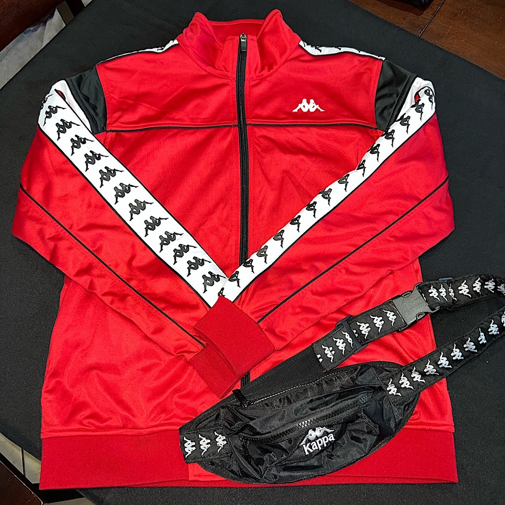 Red , white , and black Kappa zip up jacket!Size large / BW kappa fanny pack!